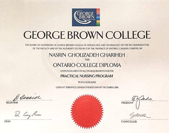 nursing certificate nasrin gholizade canada