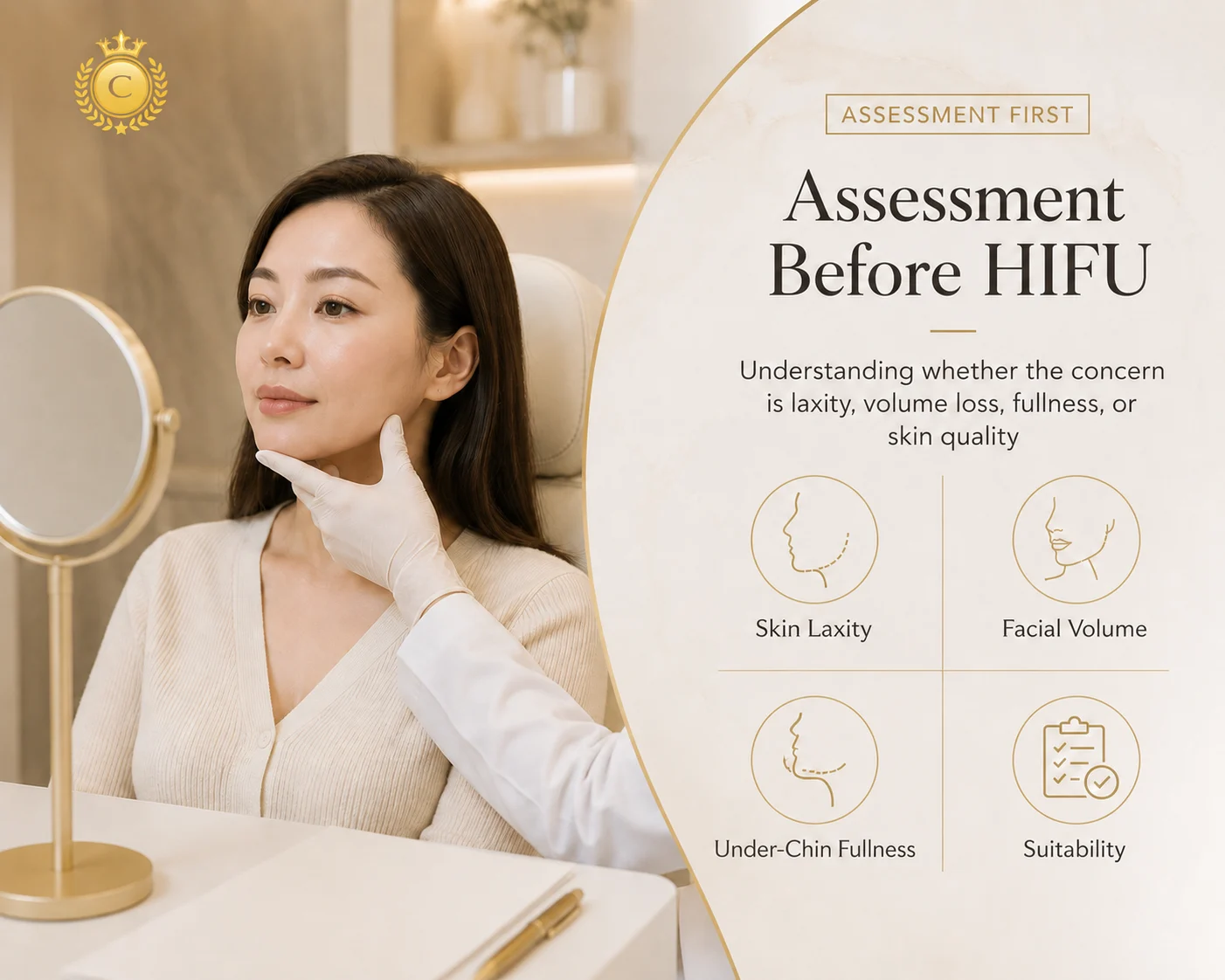 Assessment-before-HIFU consultation at Classy Cosmetic Clinic with practitioner evaluating skin laxity, facial volume, under-chin fullness, and treatment suitability