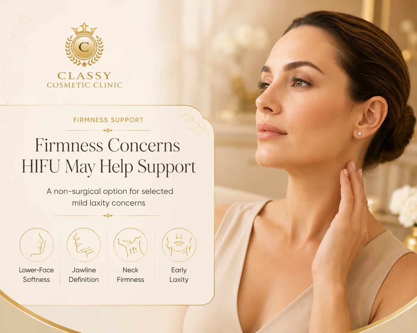 HIFU firmness support at Classy Cosmetic Clinic for lower-face softness, jawline definition, neck firmness, and early laxity concerns