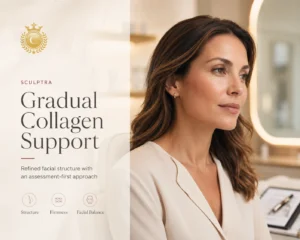 Premium beige website graphic introducing Sculptra as a gradual collagen-support injectable treatment.