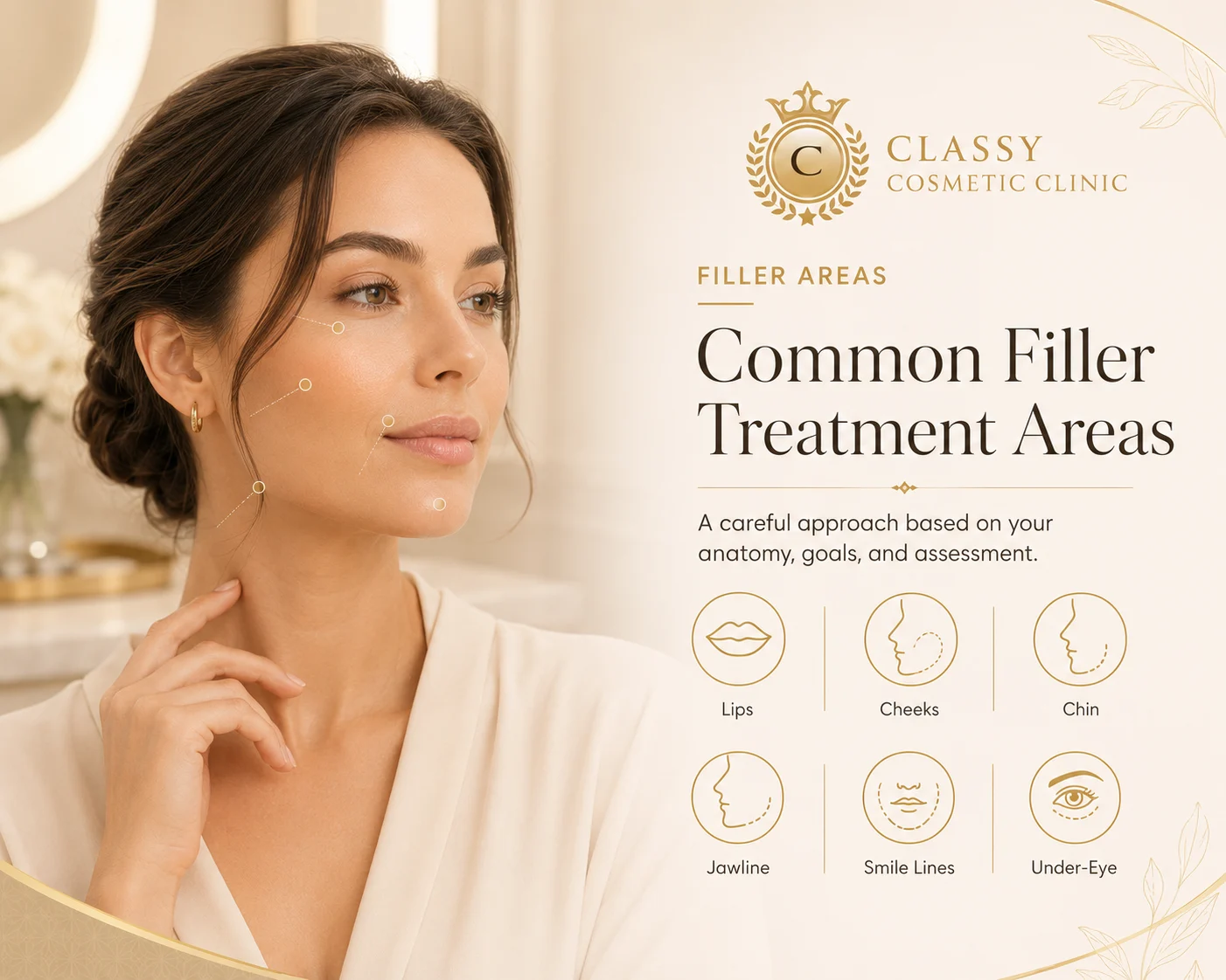 Dermal filler planning for lips, cheeks, chin, jawline, and under-eye areas after consultation