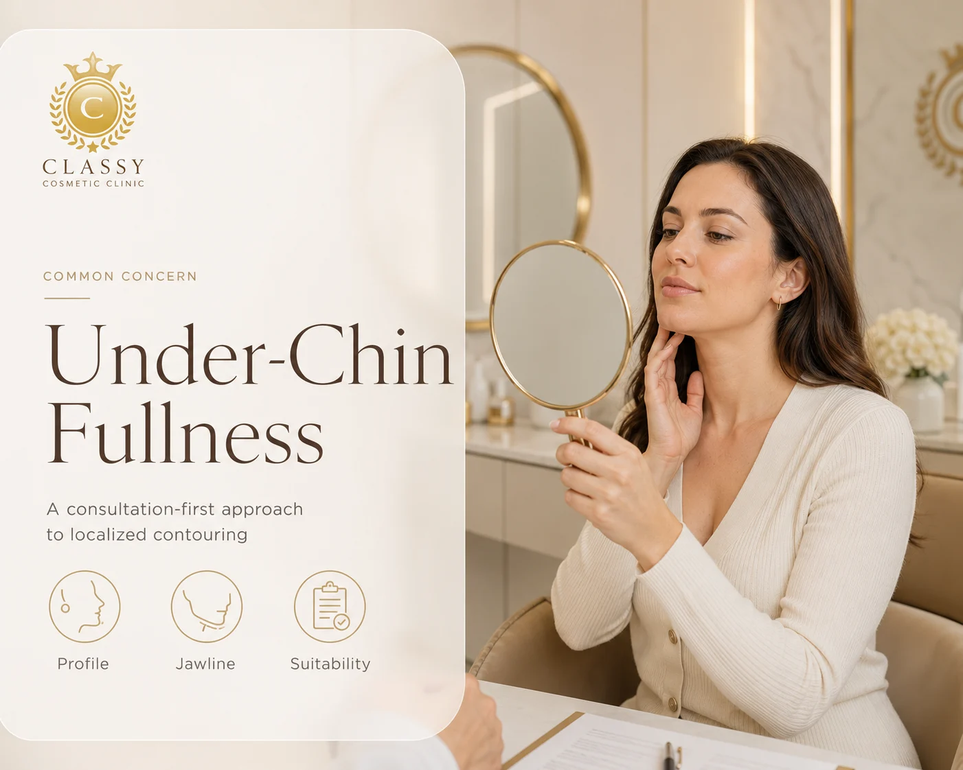 Minimalist beige graphic titled “Common Concern: Under‑Chin Fullness” with a stylised lower‑face silhouette highlighting the submental area.