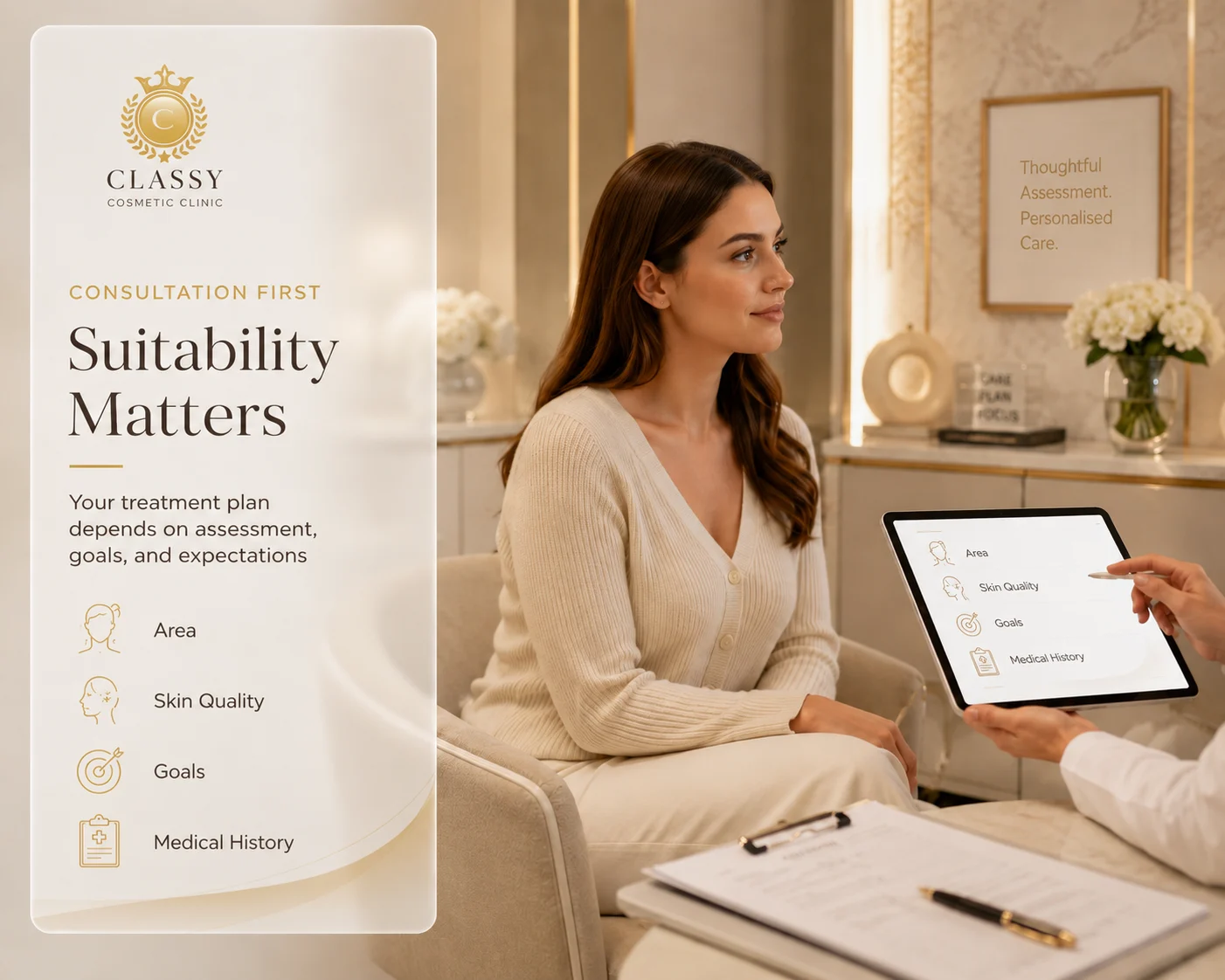 Elegant ivory graphic titled “Consultation & Suitability First” with a small speech‑bubble icon representing personalised assessment and suitability.