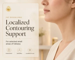 Luxury neutral graphic showing the text “Localized Contouring, Not Weight Loss” with a subtle chin outline, emphasising treatment of small areas of fullness.