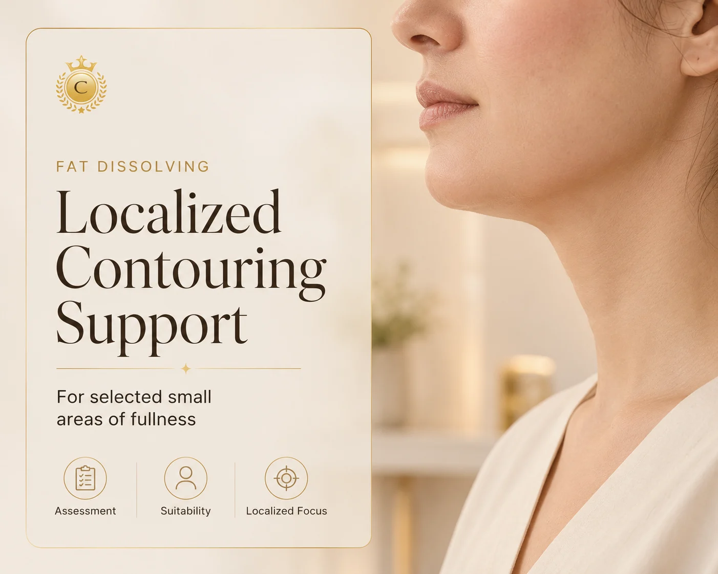 Luxury neutral graphic showing the text “Localized Contouring, Not Weight Loss” with a subtle chin outline, emphasising treatment of small areas of fullness.