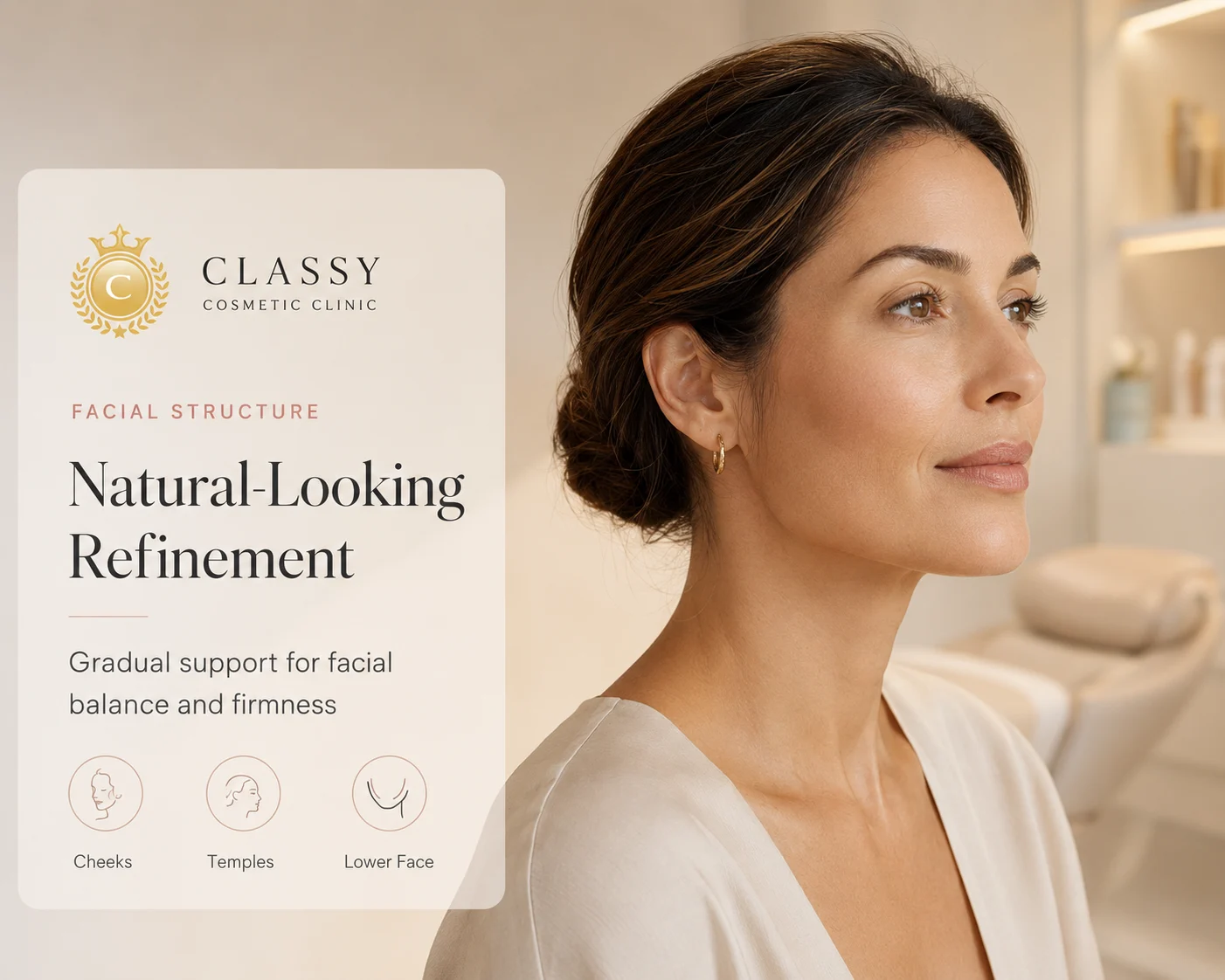 Refined facial structure graphic showing subtle areas such as cheeks, temples, and jawline in a soft medical-aesthetic style.