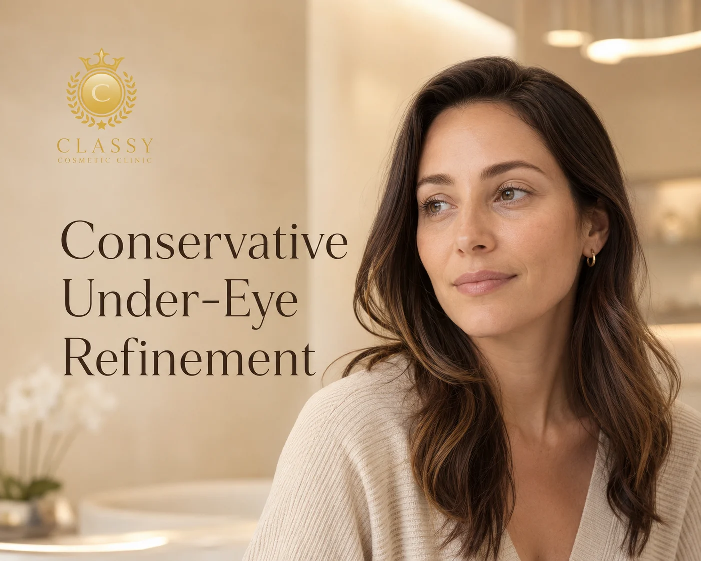Conservative under-eye refinement at Classy Cosmetic Clinic with a natural-looking client portrait in a luxury clinic setting