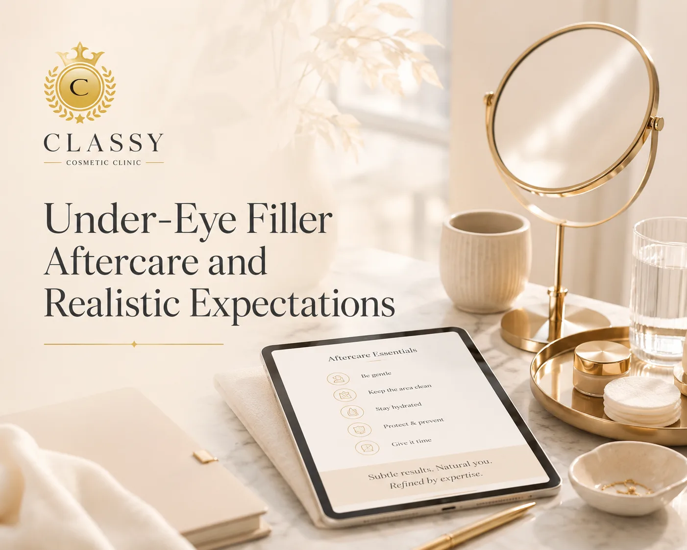 Under-eye filler aftercare and realistic expectations guide at Classy Cosmetic Clinic with skincare essentials and mirror setup