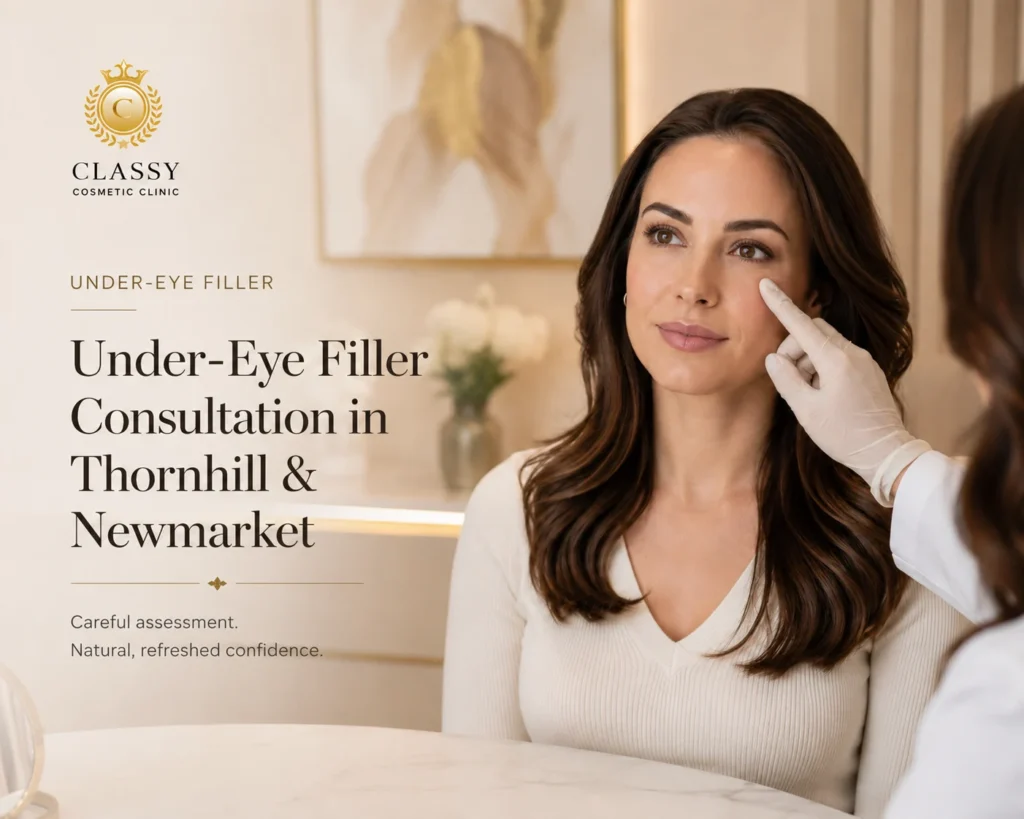 Under-eye filler consultation in Thornhill and Newmarket at Classy Cosmetic Clinic with practitioner assessing a client’s under-eye area