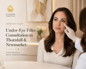 Under-eye filler consultation in Thornhill and Newmarket at Classy Cosmetic Clinic with practitioner assessing a client’s under-eye area