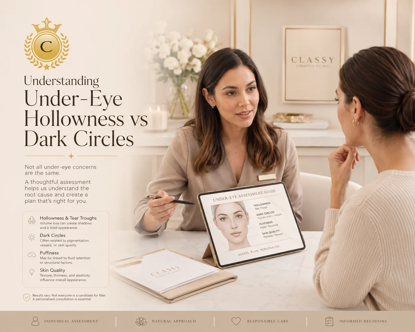 Under-eye hollowness vs dark circles consultation at Classy Cosmetic Clinic with practitioner explaining assessment options to a client