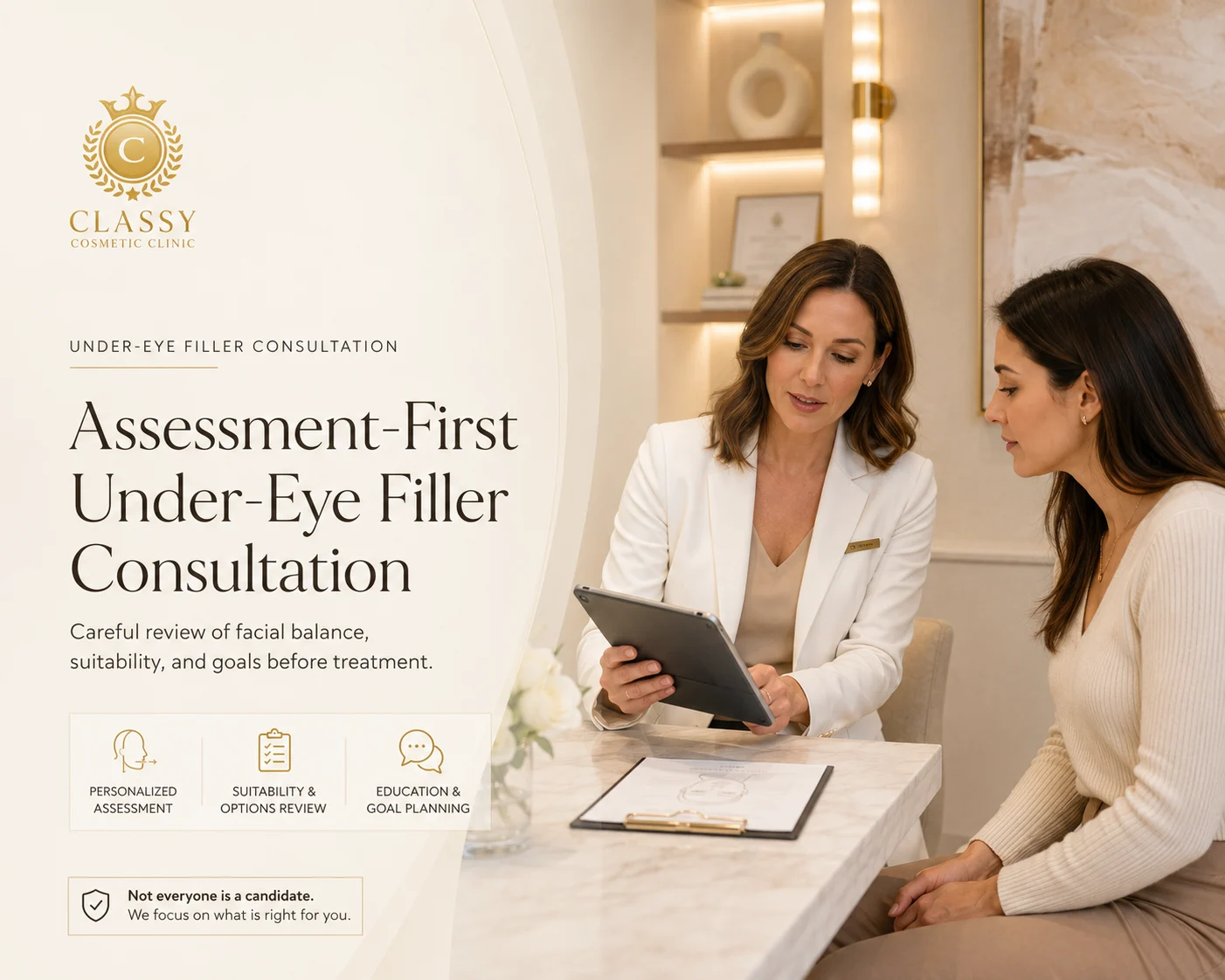 Assessment-first under-eye filler consultation at Classy Cosmetic Clinic with practitioner reviewing treatment goals with a client