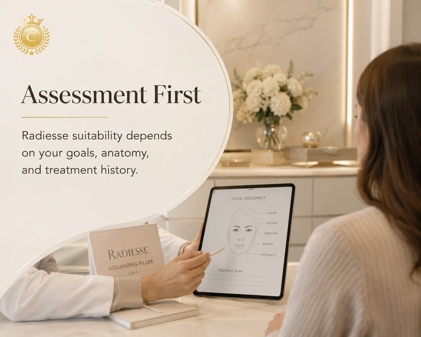 Assessment-first Radiesse consultation at Classy Cosmetic Clinic with practitioner reviewing facial goals, anatomy, and treatment history with a client