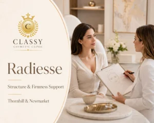Radiesse structure and firmness support consultation at Classy Cosmetic Clinic in Thornhill and Newmarket with practitioner assessing facial balance with a client