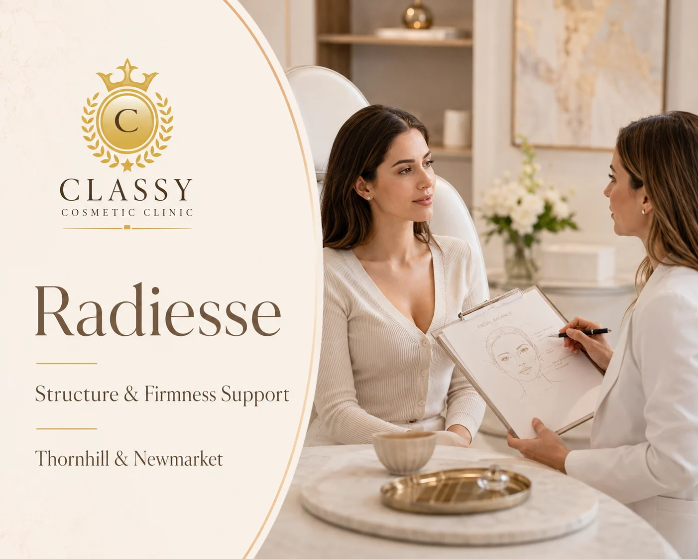 Radiesse structure and firmness support consultation at Classy Cosmetic Clinic in Thornhill and Newmarket with practitioner assessing facial balance with a client