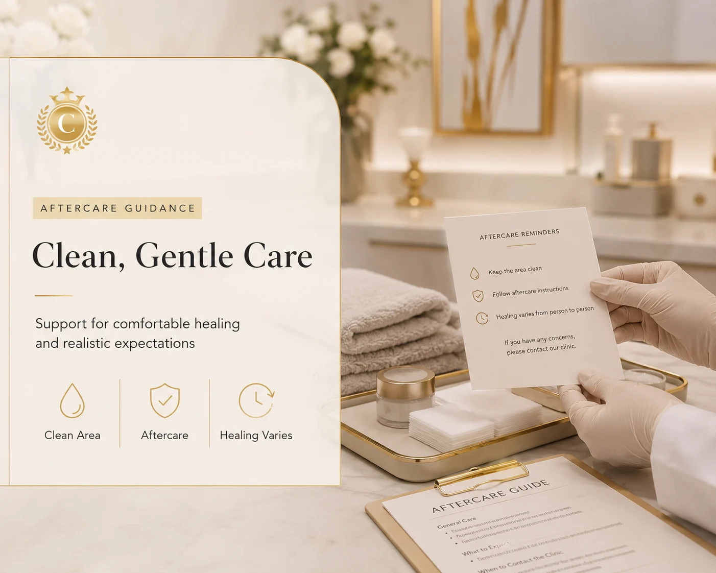 Refined medical-aesthetic graphic about gentle cosmetic removal and aftercare guidance, with no procedure imagery.