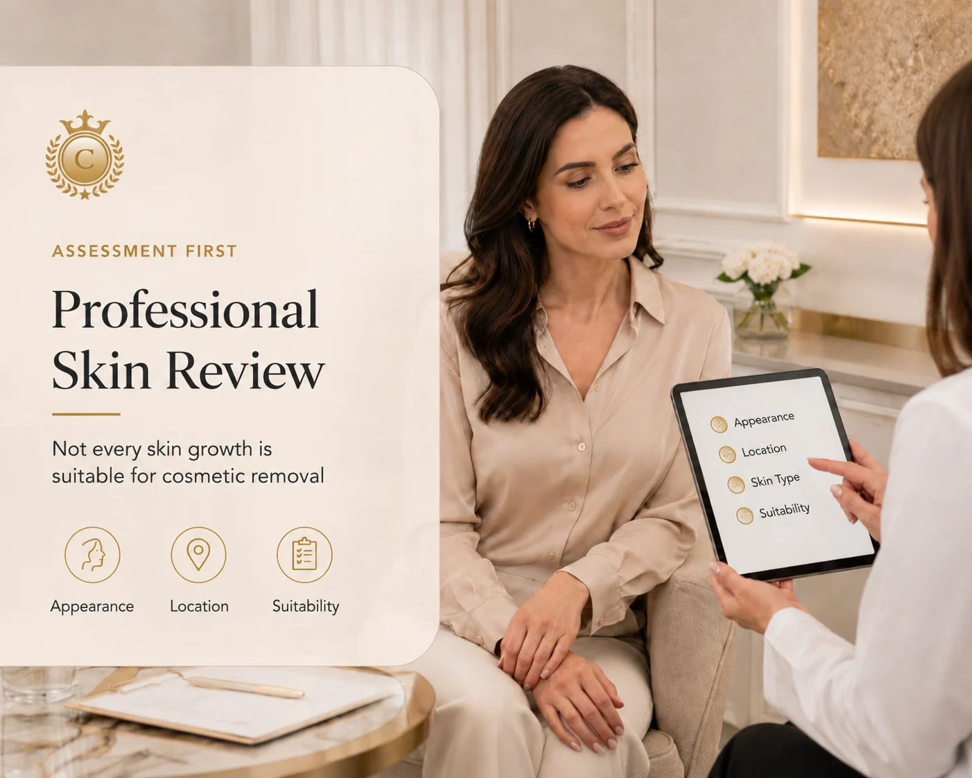 Elegant ivory and champagne graphic highlighting professional assessment before skin tag removal.
