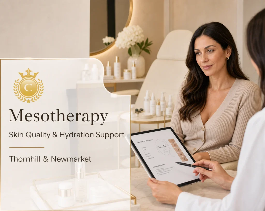 Mesotherapy skin quality and hydration support consultation at Classy Cosmetic Clinic in Thornhill and Newmarket with practitioner assessing a client’s skin needs
