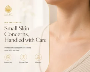Premium beige website graphic introducing skin tags as small visible skin concerns with a clean, non-graphic design.