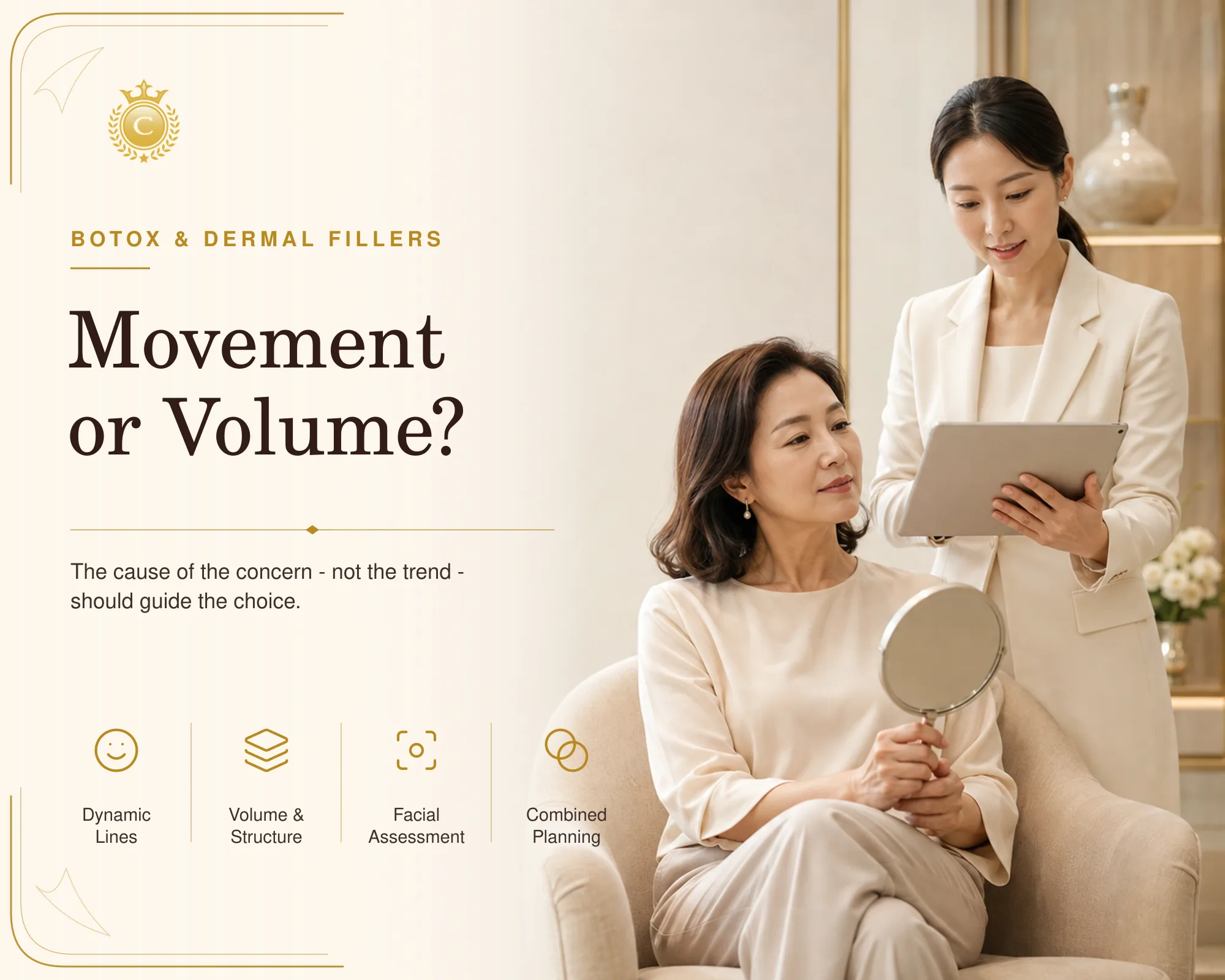 Facial assessment for movement versus volume concerns before Botox or filler treatment