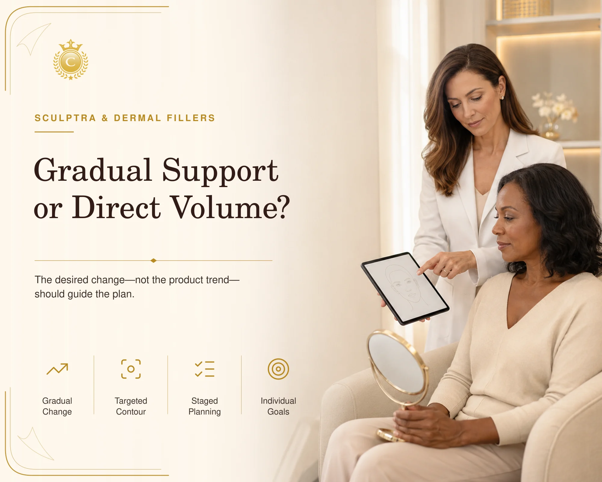 Facial assessment comparing gradual collagen support with direct filler volume